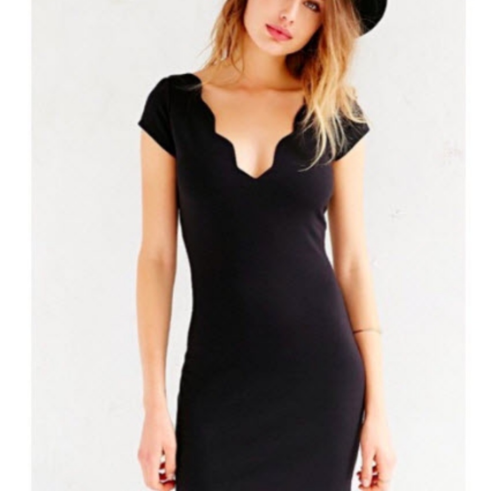 UO Cooperative Black Scallop V-Neck Mini Dress
